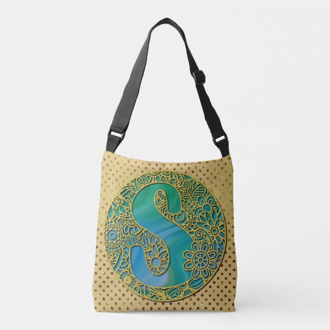 Sac Ajustable Lettre initiale en or et turquoise Monogramme Mode (Devant)