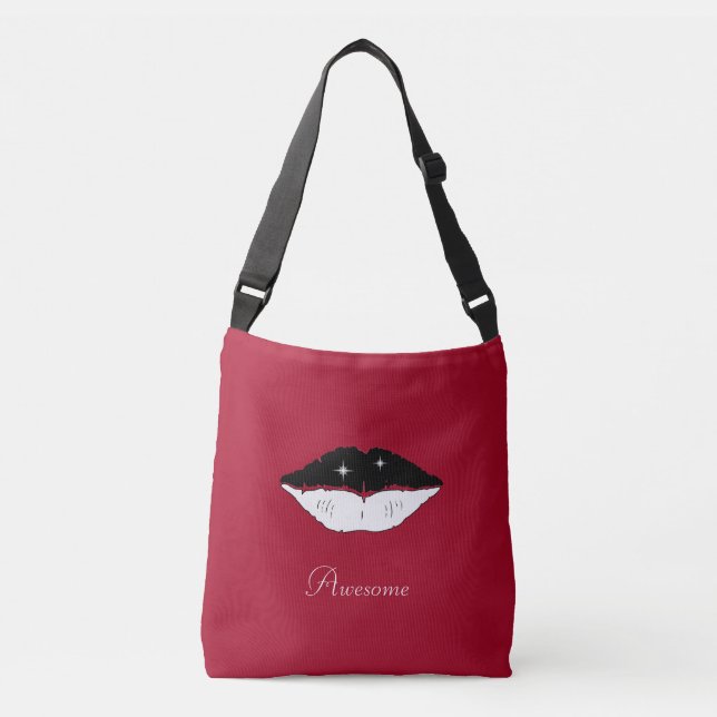 Sac Ajustable Lèvres noir et blanc chic et calligraphie sur bord (Devant)