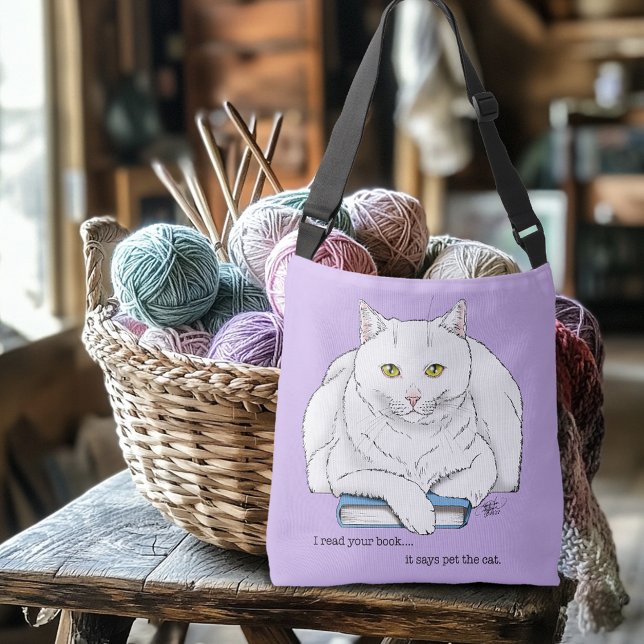 Sac Ajustable Livre de chat blanc drôle lisant humour violet (Créateur téléchargé)