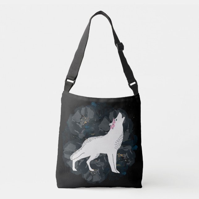 Sac Ajustable Loup blanc sur le cercle des roses noirs Crossbody (Devant)