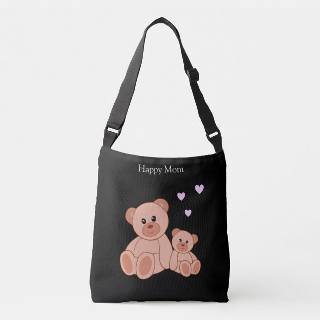 Sac Ajustable Maman heureuse et ours mignons sur fond noir (Devant)