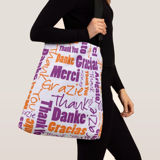 Sac Ajustable Merci multilingue violet et orange (De près)