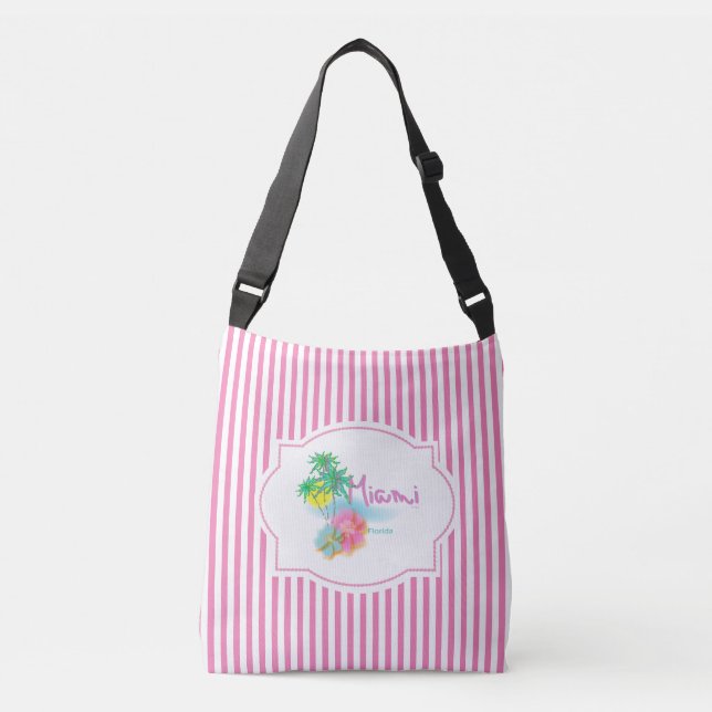 Sac Ajustable Miami, la Floride, paumes, fleurs, rayures roses (Devant)