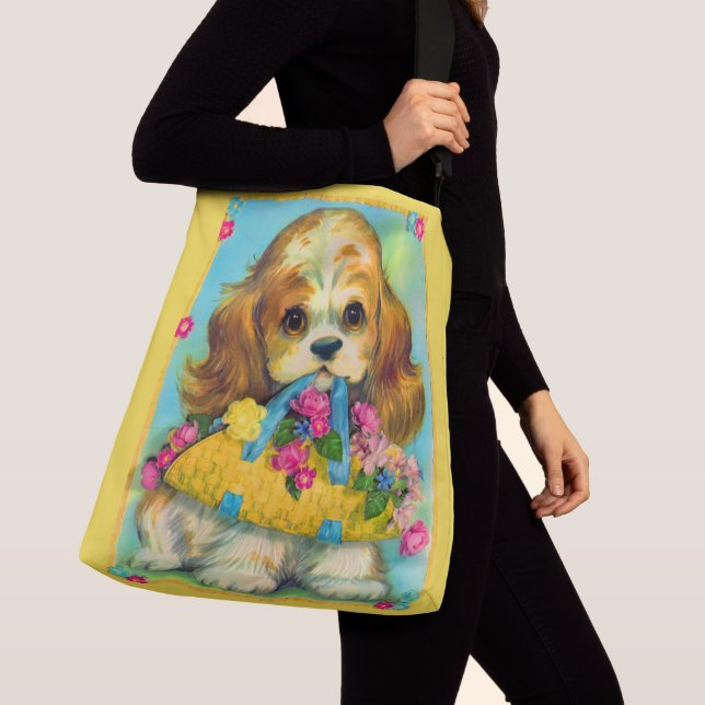 Sac Ajustable mignon chiot tenant panier de fleurs (De près)