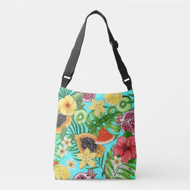 Sac Ajustable Mix-fruit tropical, fleurs et feuilles en bleu (Devant)