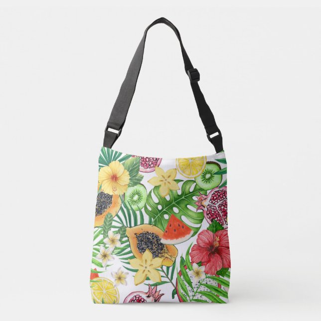 Sac Ajustable Mix-fruit tropical, fleurs et feuilles sur blanc (Devant)