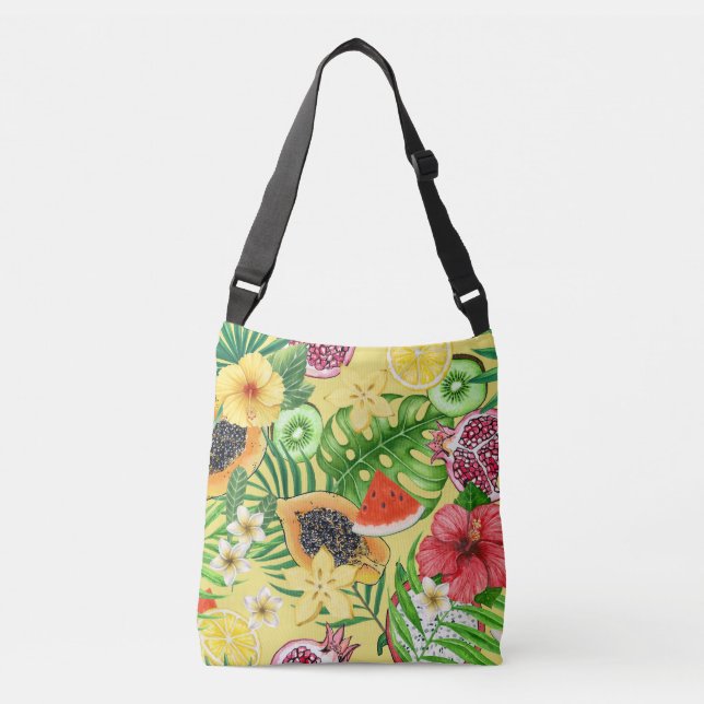 Sac Ajustable Mix-fruit tropical, fleurs et feuilles sur jaune (Devant)