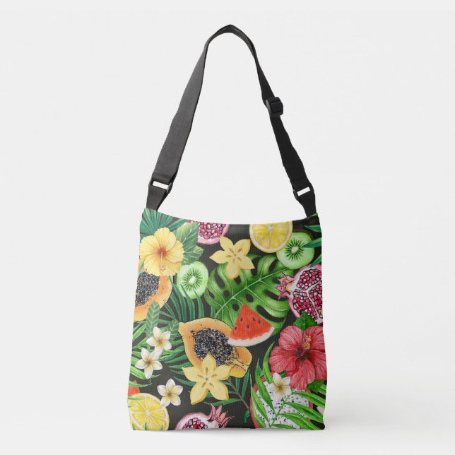 Sac Ajustable Mix-fruits tropicaux, fleurs et feuilles en noir (Devant)