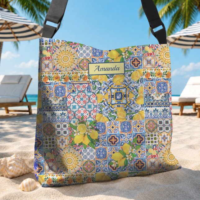 Sac Ajustable Monogramme de carreau floral orange méditerranéen  (Créateur téléchargé)