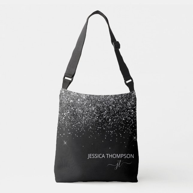 Sac Ajustable Monogramme de nom de script simple paillettes noir (Devant)