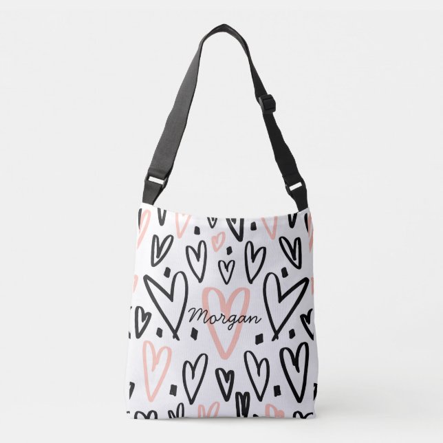 Sac Ajustable Monogramme Doodle Blush et Black Hearts (Devant)