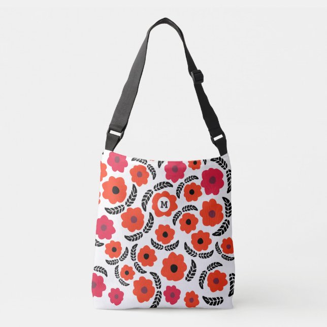 Sac Ajustable Monogramme floral orange et rouge moderne (Devant)