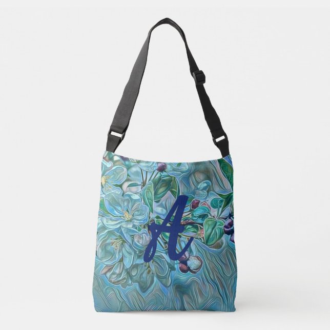 Sac Ajustable Monogramme Moderne Bleu Cerisier Fleur Aquarelle (Devant)