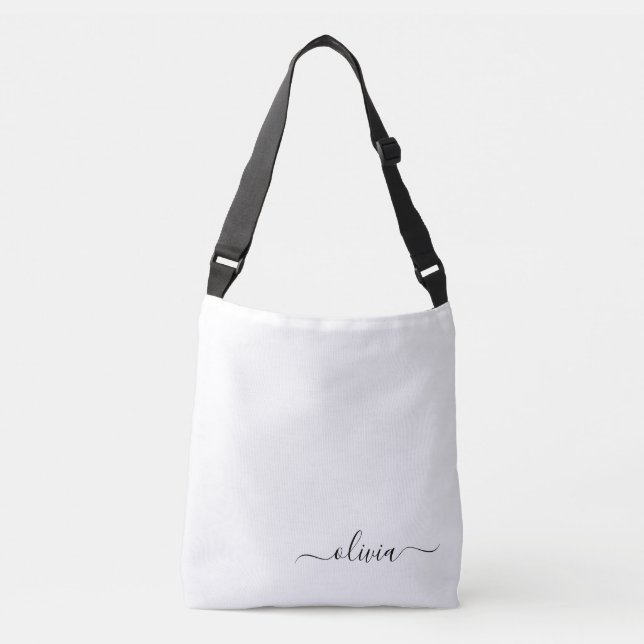 Sac Ajustable Noir Blanc Script Monogramme Nom Moderne (Devant)