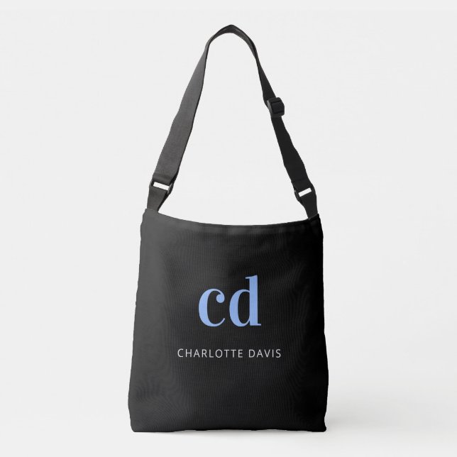 Sac Ajustable Noir nom bleu monogramme élégant moderne (Devant)