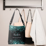 Sac Ajustable Noir turquoise vert parties scintillant monogramme<br><div class="desc">Un arrière - plan de couleur noire design. Décoré de poussière de parties scintillant turquoise et verte. Personnalisez et ajoutez votre prénom,  vos initiales monographiques et votre nom complet. Le nom est écrit avec un script de style écrit à la main.</div>