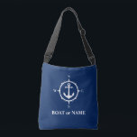 Sac Ajustable Nom du bateau Boussole marine Ancre Bleu marine<br><div class="desc">Sac fourre-tout de carrosserie bleu marine élégant avec votre nom personnalisé, nom de bateau ou autre texte souhaité. Dispose d'un ancre et d'une boussole nautiques conçus sur mesure. Customisez facilement la couleur de base pour correspondre à votre décoration ou à votre thème actuel. Idéal pour les vacances, les achats et...</div>