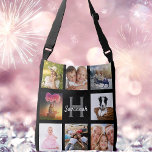 Sac Ajustable Nom monogramme de collage photo personnalisé noir<br><div class="desc">Un cadeau unique pour un anniversaire, Noël, la fête de la mère, célébrant sa vie avec un collage de 8 de vos propres photos, photos. Personnalisez et ajoutez son nom et sa lettre monogramme. Un arrière - plan noir élégant. Le nom est écrit avec un script de style moderne écrit...</div>