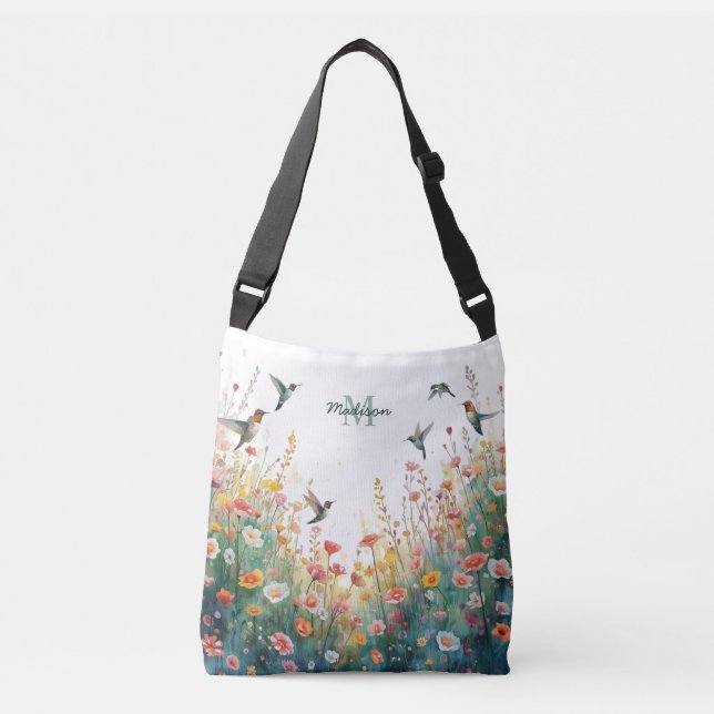 Sac Ajustable Oiseaux aquarelle de printemps Monogramme floral F (Devant)