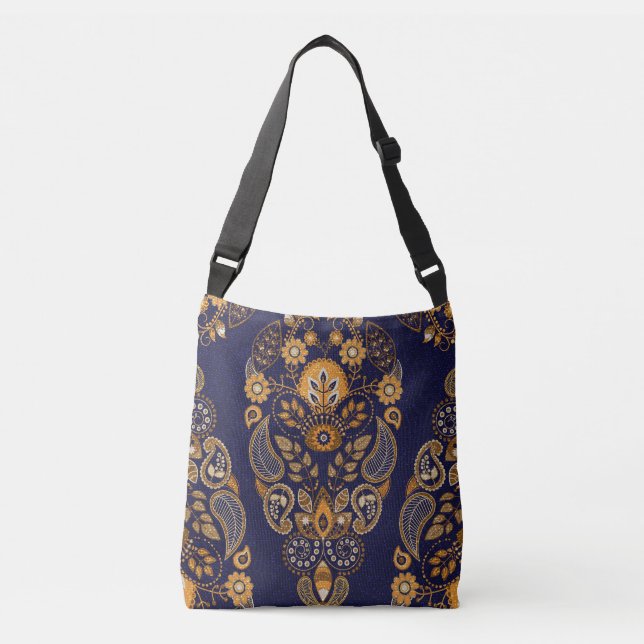 Sac Ajustable Or et bleu, motif sans couture fleurie. (Devant)
