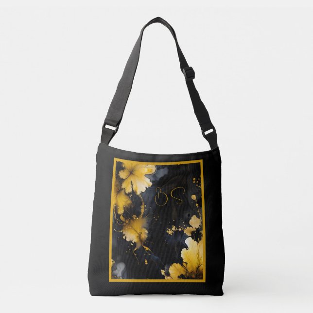 Sac Ajustable or noir luxueux agate floral marbre (Devant)