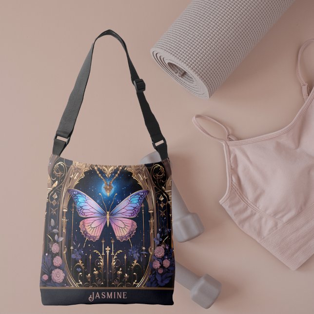 Sac Ajustable Ornate Pink Blue Gold Stylish Papillon (Butterfly Lover Pink Blue Gold Stylish Crossbody Tote Bag)