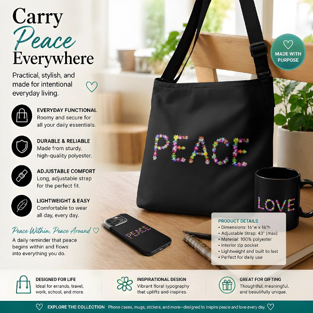 Sac Ajustable Paix Intérieure, Paix Autour | Inspirant (Carry peace everywhere with this floral inspirational crossbody bag for everyday style and intention)