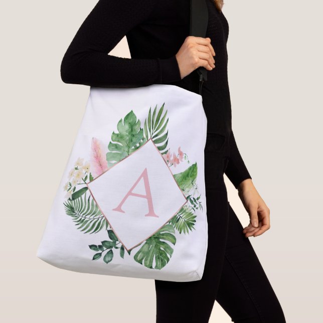 Sac Ajustable Palmiers tropicaux Mariage rose clair Monogramme (De près)