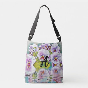 Sac Ajustable Pansies blanches rose monogramme sur l'aquarelle