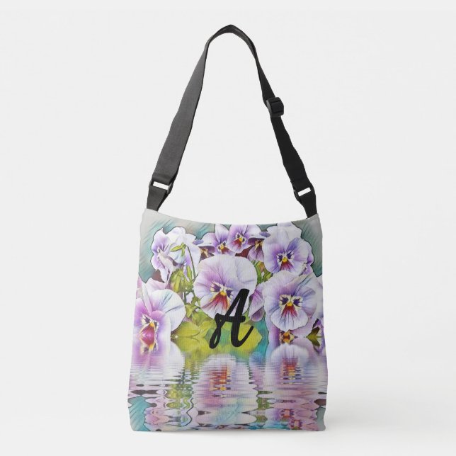 Sac Ajustable Pansies blanches rose monogramme sur l'aquarelle (Devant)