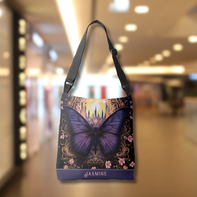 Sac Ajustable Papillon jaune rose violet tendance (Trendy Purple Pink Yellow Butterfly Crossbody Tote Bag)