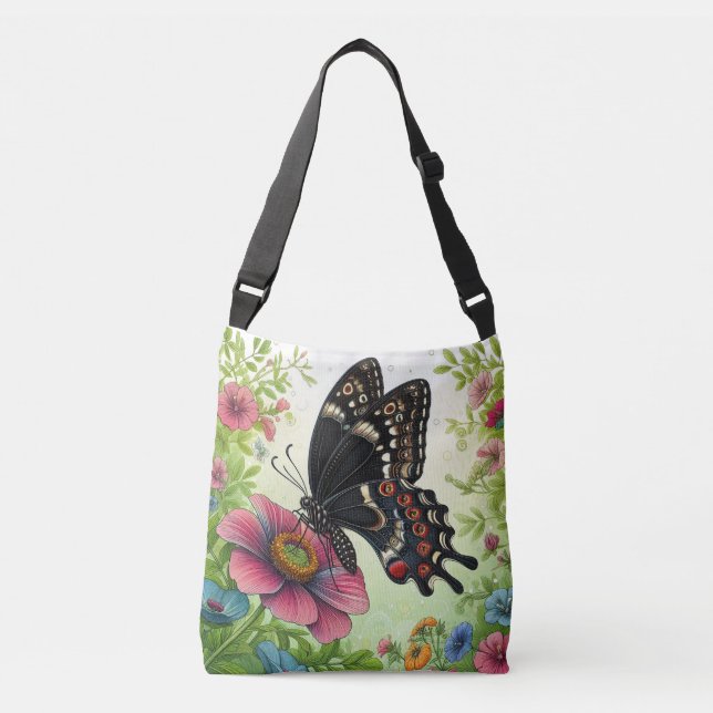 Sac Ajustable Papillon noir Jouissant de fleurs dans le jardin (Devant)