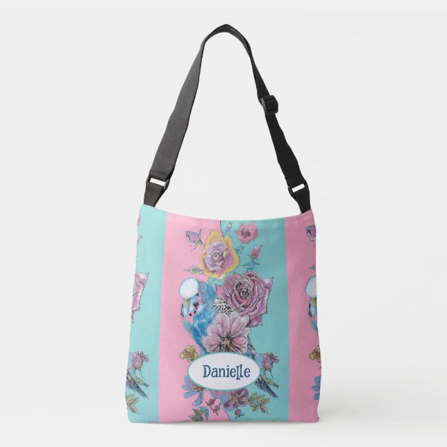 Sac Ajustable Perroquet Bleu Oiseau Rose Florale Rose Aqua Nom d (Devant)