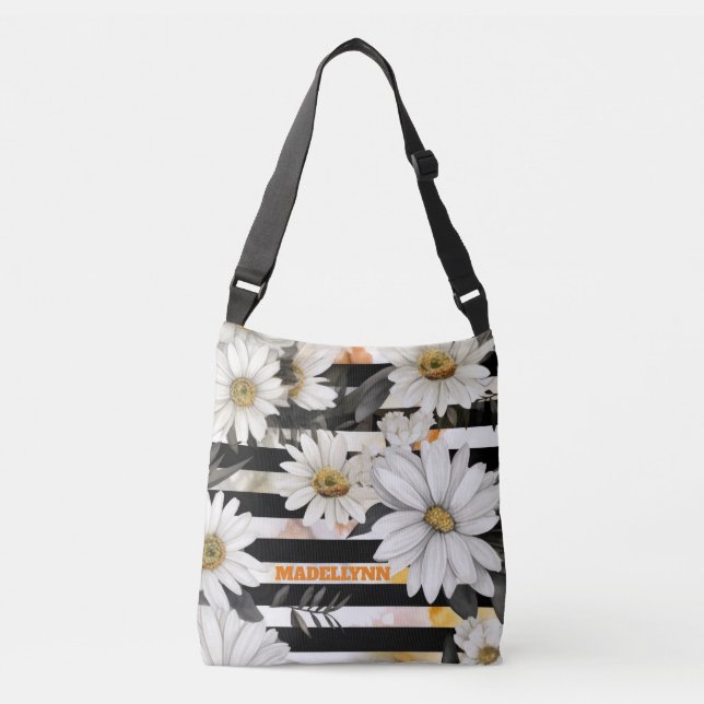 Sac Ajustable Personnalisé moderne marguerite noir et blanc rayé (Devant)