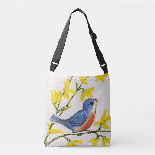 Sac Ajustable Petit Oiseau bleu doux sur Branche Fleur jaune (Devant)