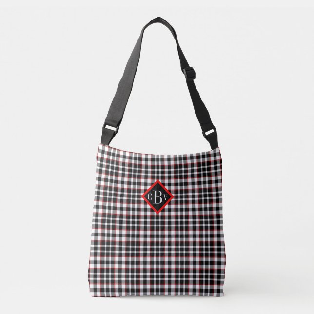 Sac Ajustable Plaid gris noir blanc rouge Crossbody Fourre-tout (Devant)