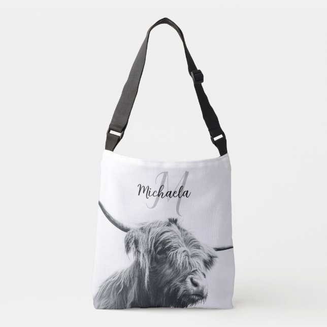 Sac Ajustable Portrait de vache Highland premier monogramme noir (Devant)