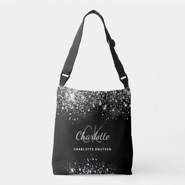 Sac Ajustable Poussière de glitter argent noir monogramme initia (Devant)