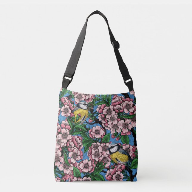 Sac Ajustable Rameaux bleus dans le cerisier en fleurs sur le bl (Devant)
