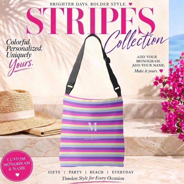 Sac Ajustable Rayures Colorées avec Monogramme Script (Colorful Stripes Collection Tote Bag- purple, pink, yellow and blue- Monogram and Script)