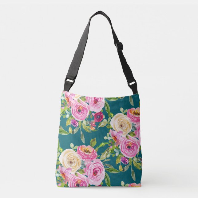 Sac Ajustable Roses d'aquarelle en rose et crème sur Turquoise (Devant)