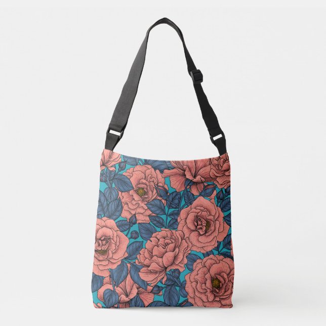 Sac Ajustable Roses roses avec feuilles bleus sur bleu (Devant)