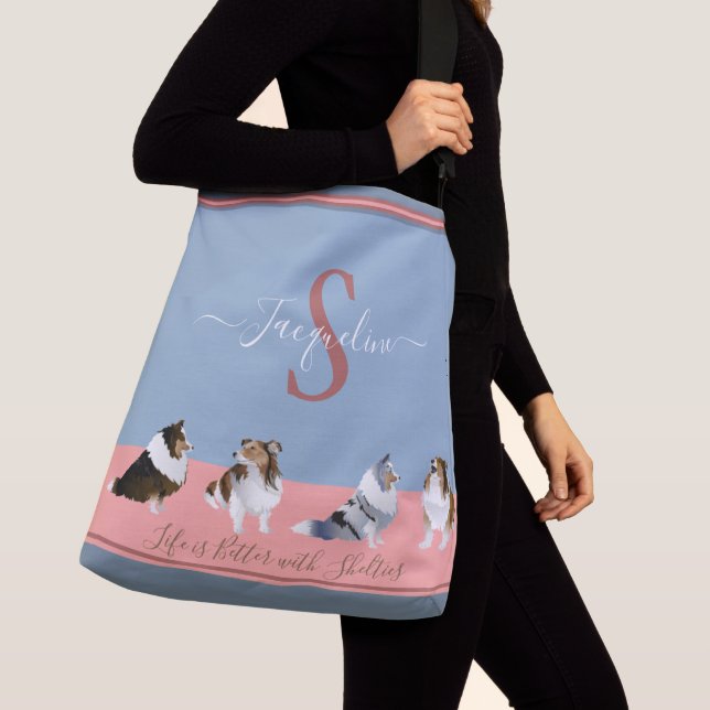 Sac Ajustable Shetland Sheepdogs, Abris, sur bleu & rose (De près)
