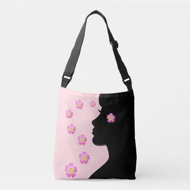 Sac Ajustable Silhouette de femme moderne et fleurs sur fond ros (Devant)