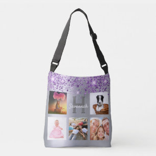 Sac Ajustable Silver purple glitter photo collage name