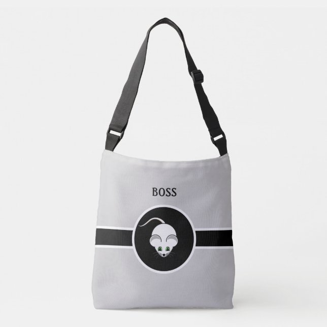 Sac Ajustable Souris blanche mignonne et calligraphie sur gris c (Devant)