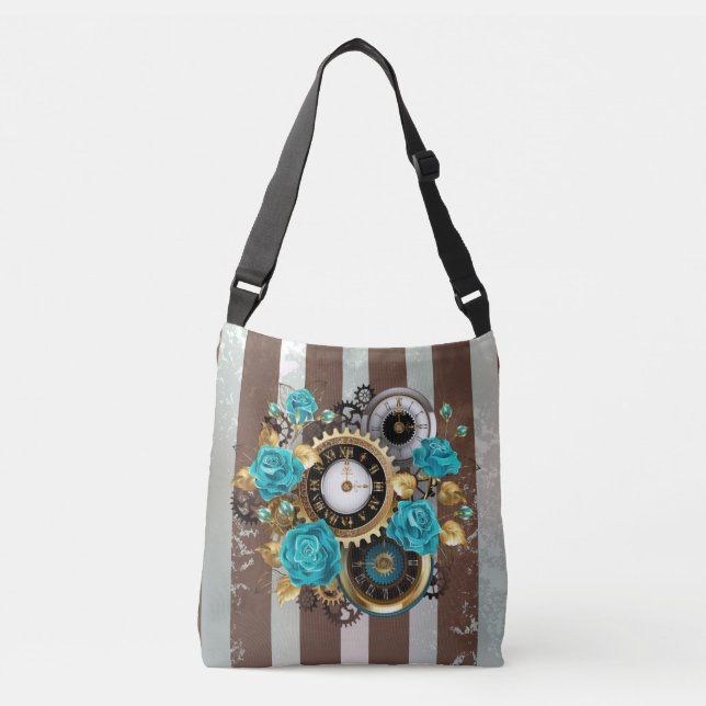 Sac Ajustable Steampunk Clock and Turquoise Roses on Striped (Devant)