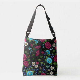 Sac Ajustable Style folk brodé rose bleu floral noir