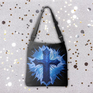 Sac Ajustable Superbe Croix Bleue Chrétienne sur noir  