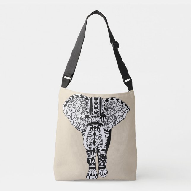Sac Ajustable Taupe d'éléphant tribal de Bohême noir et blanc (Devant)